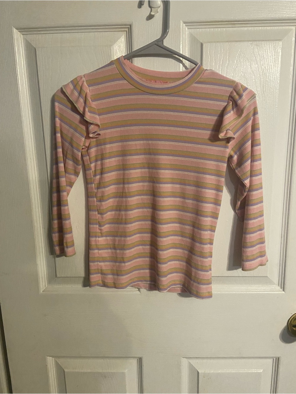 EUC BISBY Sadie Pink Stripe Long Sleeve Top. Sz 10 Ruffled Shoulders! BTS ready